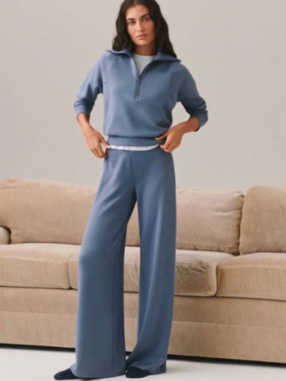 SPANX AirEssentials Wide Leg Pant & Half Zip Set in Size Small Faded Indigo